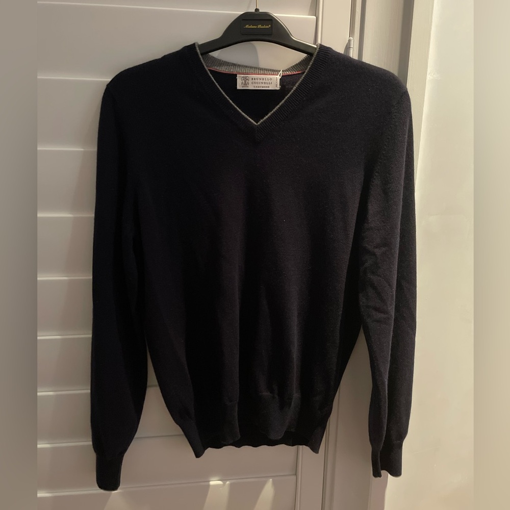 Brunello Cucinelli Navy V-Neck Cashmere Sweater